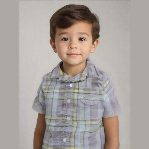 Carter's Boys Shirt Size 18 Months Gray Lime Navy Blue Plaid Short Sleeve Button - Picture 1 of 7